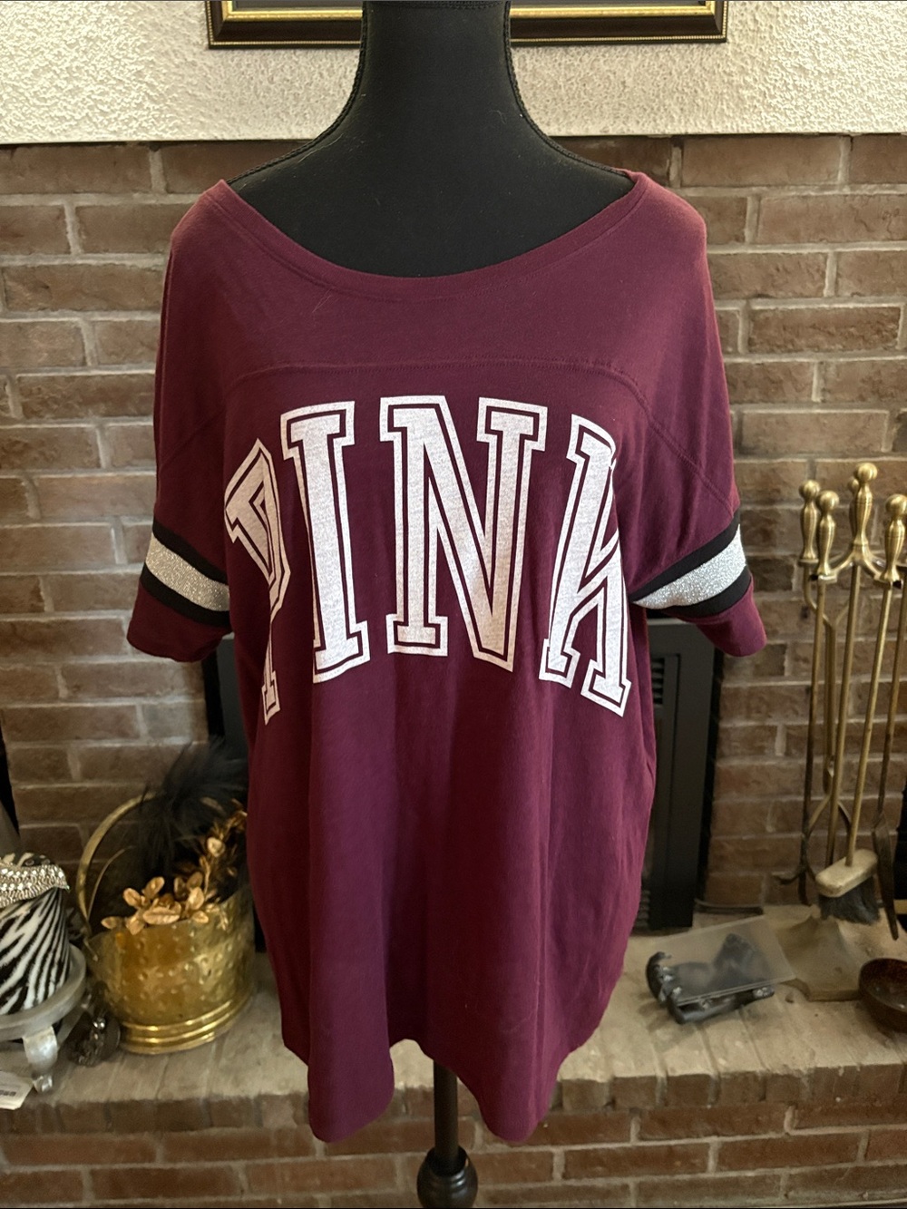 PINK Victoria's Secret Maroon Short Sleeve Varsity Logo Tee